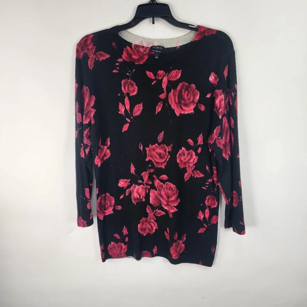 Talbots Sweater Women's L Black Red Floral Merino Wool Romantic Classic